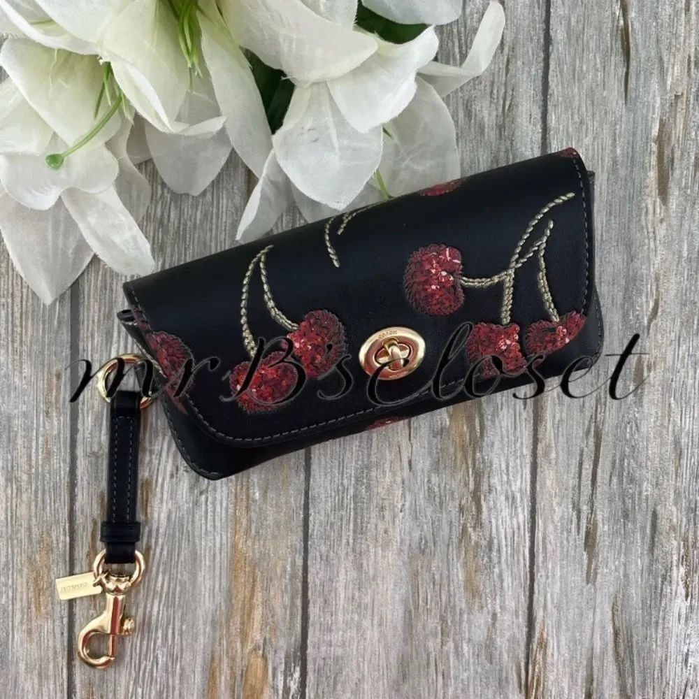 Authentic Coach Sunglass Case With Cherry Print & Smooth Leather Bag Purse